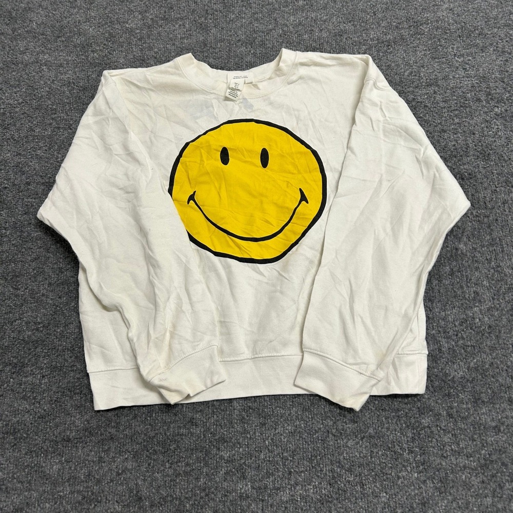 H&M Sweatshirt Womens Size S White Smiley World Graphic Crewneck Long Sleeve